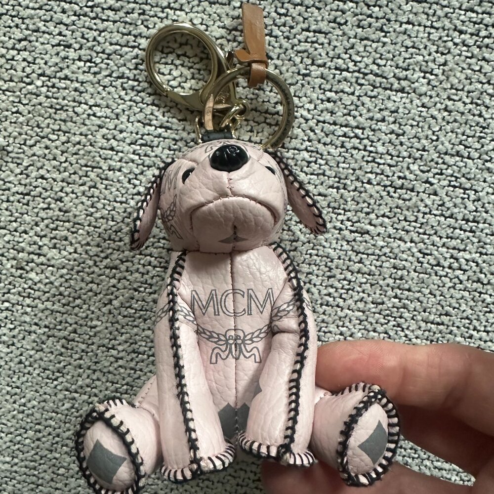 MCM Pink Dog Leather Bag Charm Keychain NEW